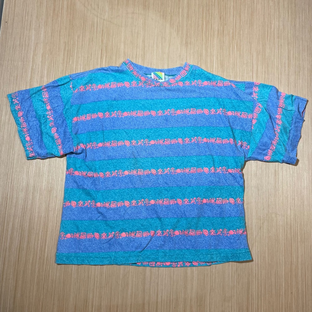 Gear T-Shirt Mens XL Vintage 90s All Over Print Geometric Striped Blue Pink